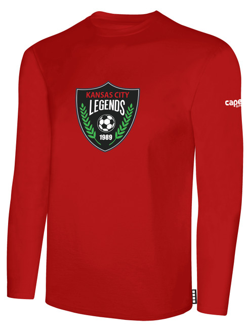 KC LEGENDS BASICS LONG SLEEVE TEE SHIRT LARGE CREST ON CENTER CHEST RED WHITE