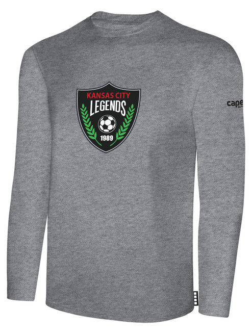 KC LEGENDS BASICS LONG SLEEVE TEE SHIRT LARGE CREST ON CENTER CHEST LIGHT HEATHER GREY BLACK