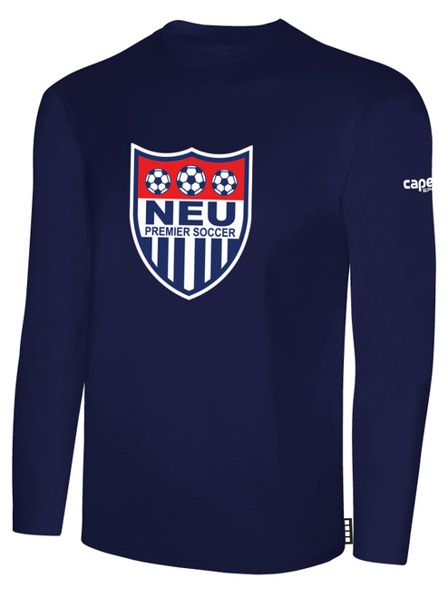 NORTHEAST UNITED PREMIER SC BASICS LONG SLEEVE TEE SHIRT CREST ON WEARERS CENTER CHEST NAVY WHITE
