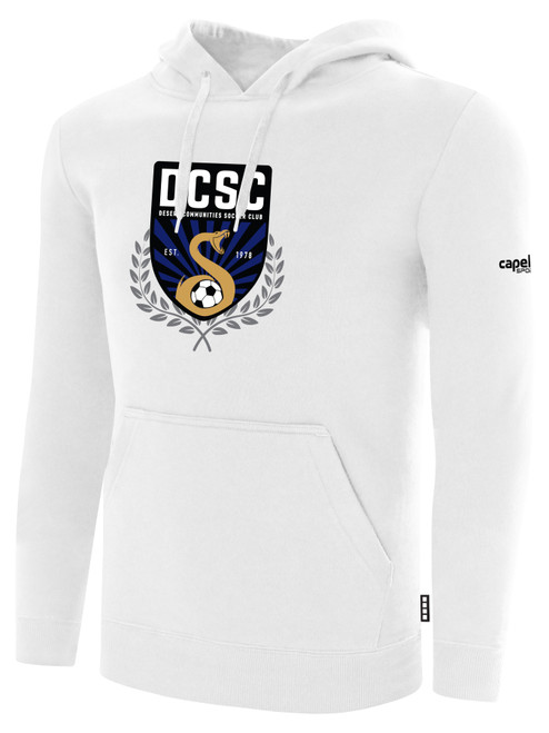 DESERT COMMUNITIES PULLOVER FLEECE HOODIE CREST ON WEARERS CENTER CHEST WHITE BLACK