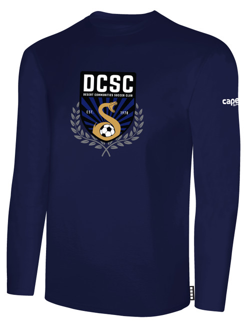 DESERT COMMUNITIES LONG SLEEVE COTTON T-SHIRT CREST ON WEARERS CENTER CHEST NAVY WHITE