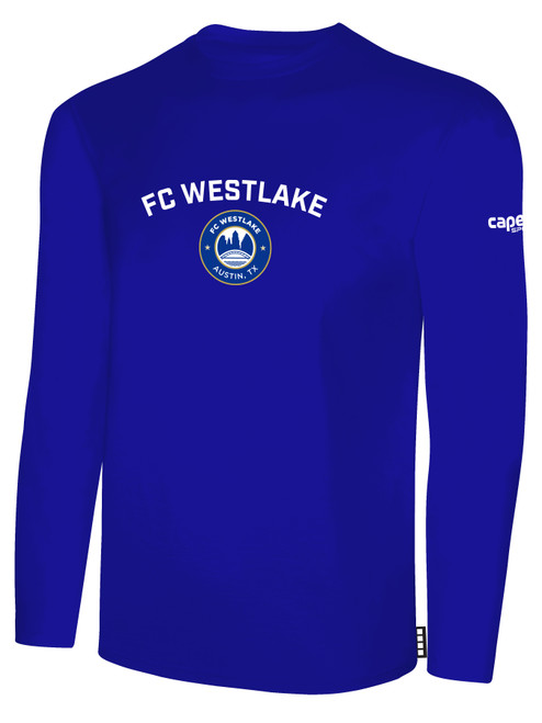FC WESTLAKE LONG SLEEVE COTTON T-SHIRT LARGE TEAM CREST ON WEARERS CENTER CHEST ROYAL BLUE WHITE