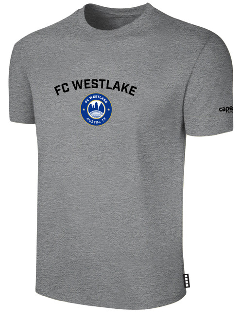 FC WESTLAKE SHORT SLEEVE COTTON T-SHIRT LARGE TEAM CREST ON WEARERS CENTER CHEST LIGHT HEATHER GREY BLACK