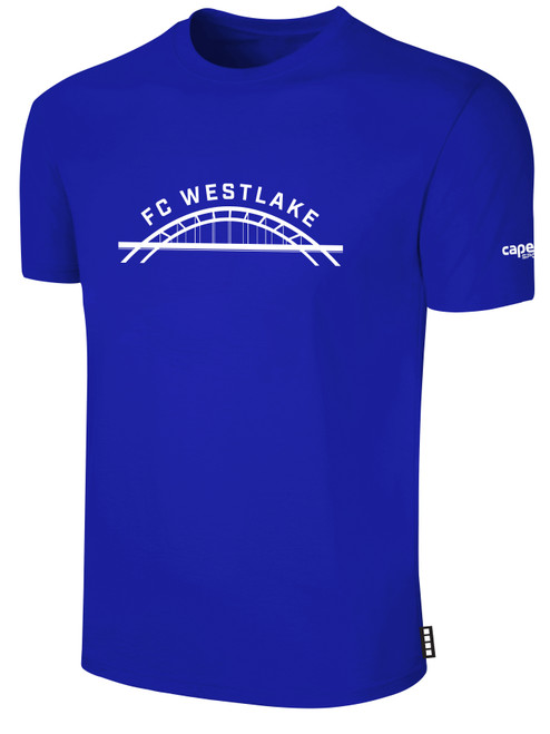 FC WESTLAKE SHORT SLEEVE COTTON T-SHIRT LARGE TEAM  CREST ON WEARERS CENTER CHEST ROYAL BLUE WHITE