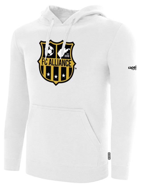 FC ALLIANCE  PULLOVER FLEECE HOODIE CREST ON WEARERS CENTER CHEST WHITE BLACK