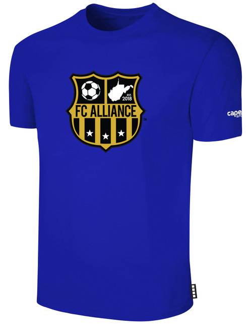 FC ALLIANCE  SHORT SLEEVE COTTON T-SHIRT CREST ON WEARERS CENTER CHEST ROYAL BLUE WHITE