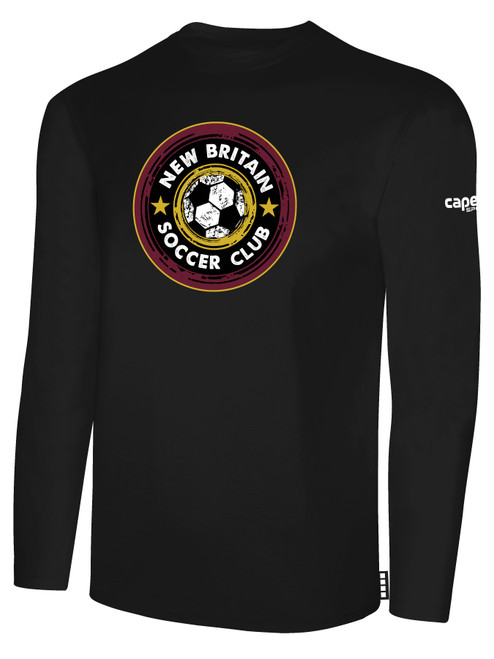 NEW BRITAIN SOCCER  LONG SLEEVE COTTON T-SHIRT CREST ON WEARERS CENTER CHEST BLACK WHITE