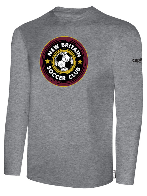 NEW BRITAIN SOCCER  LONG SLEEVE COTTON T-SHIRT CREST ON WEARERS CENTER CHEST LIGHT HEATHER GREY BLACK