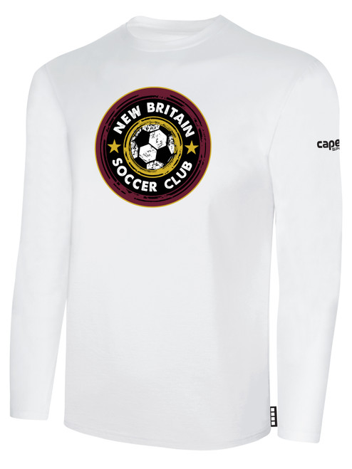 NEW BRITAIN SOCCER  LONG SLEEVE COTTON T-SHIRT CREST ON WEARERS CENTER CHEST WHITE BLACK