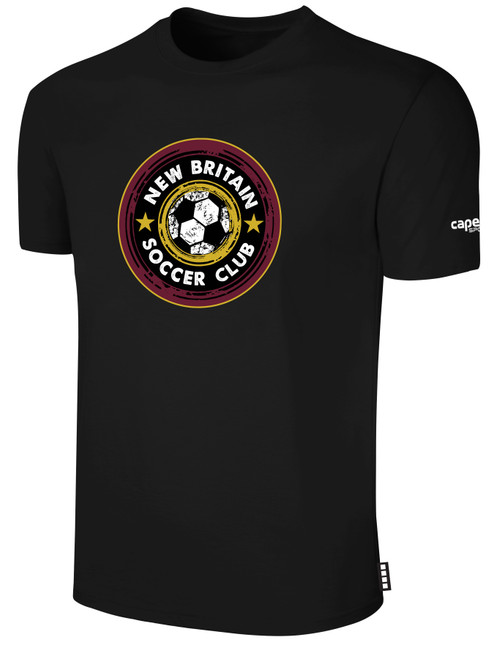 NEW BRITAIN SOCCER  SHORT SLEEVE COTTON T-SHIRT CREST ON WEARERS CENTER CHEST BLACK WHITE