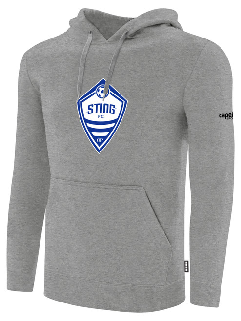 ORLAND PARK STING FC PULLOVER FLEECE HOODIE CREST ON WEARERS CENTER CHEST LIGHT HEATHER GREY BLACK