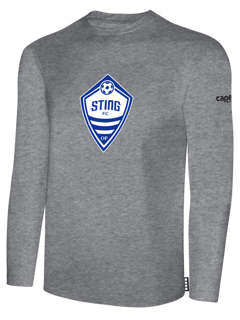 ORLAND PARK STING FC LONG SLEEVE COTTON T-SHIRT CREST ON WEARERS CENTER CHEST LIGHT HEATHER GREY BLACK