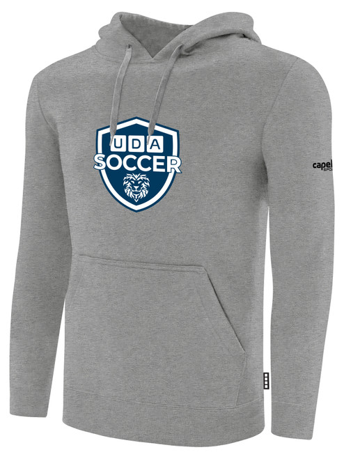 UDA SOCCER PULLOVER FLEECE  HOODIE CREST ON WEARERS CENTER CHEST  LIGHT HEATHER GREY BLACK