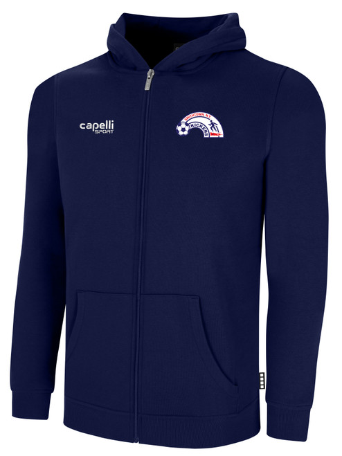 SMITHTOWN KICKERS FULL ZIP HOODIE CREST ON WEARERS LEFT CHEST & SMITHTOWN SLAMMERS SPONSOR LOGO ON LOWER BACK NAVY WHITE