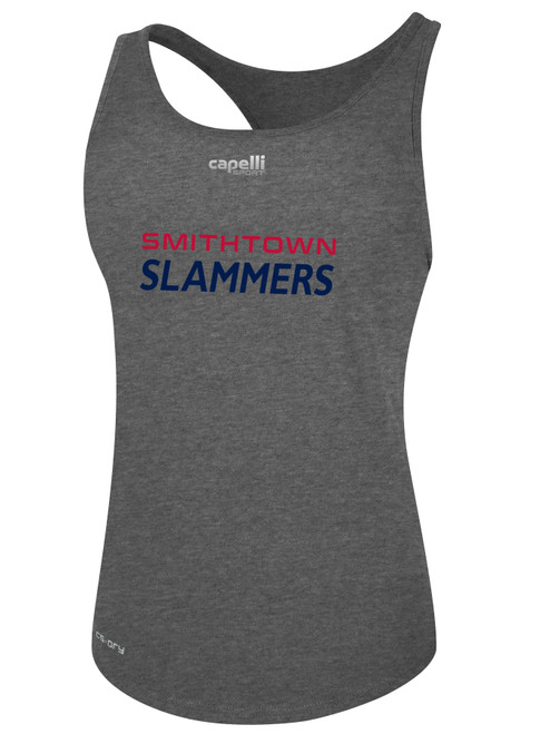 SMITHTOWN KICKERS RACER BACK TANK SMITHTOWN SLAMMERS SPONSOR LOGO CENTER CHEST DARK HEATHER GREY