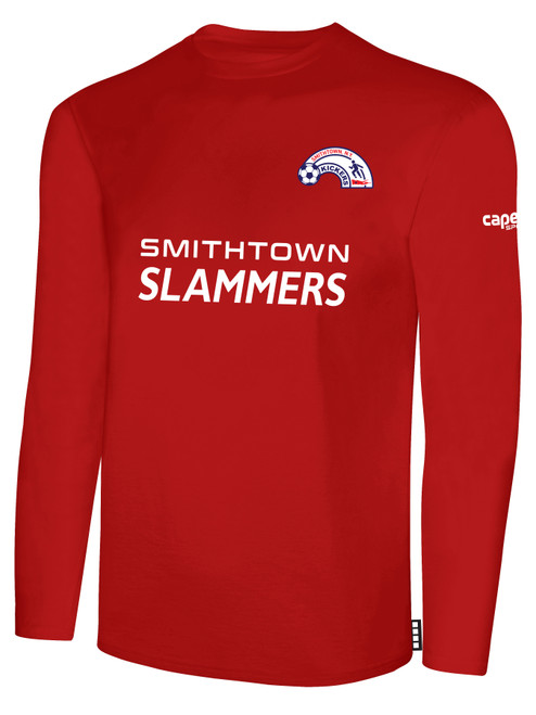 SMITHTOWN KICKERS LONG SLEEVE COTTON T-SHIRT CREST ON WEARERS LEFT CHEST & SMITHTOWN SLAMMERS SPONSOR LOGO CENTER CHEST RED WHITE