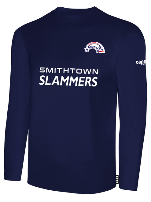 SMITHTOWN KICKERS LONG SLEEVE COTTON T-SHIRT CREST ON WEARERS LEFT CHEST & SMITHTOWN SLAMMERS SPONSOR LOGO CENTER CHEST NAVY WHITE