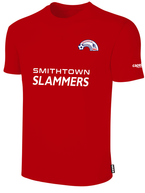 SMITHTOWN KICKERS SHORT SLEEVE COTTON T-SHIRT CREST ON WEARERS LEFT CHEST & SMITHTOWN SLAMMERS SPONSOR LOGO CENTER CHEST RED WHITE