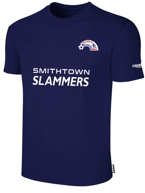 SMITHTOWN KICKERS SHORT SLEEVE COTTON T-SHIRT CREST ON WEARERS LEFT CHEST & SMITHTOWN SLAMMERS SPONSOR LOGO CENTER CHEST NAVY WHITE