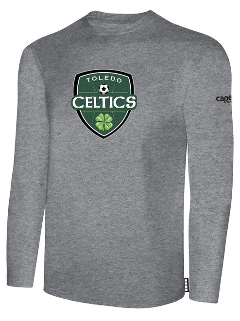 TOLEDO CELTICS LONG SLEEVE COTTON T-SHIRT CREST ON WEARERS FRONT CENTER CHEST LIGHT HEATHER GREY BLACK