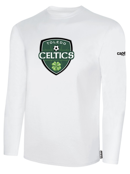 TOLEDO CELTICS LONG SLEEVE COTTON T-SHIRT CREST ON WEARERS FRONT CENTER CHEST WHITE BLACK
