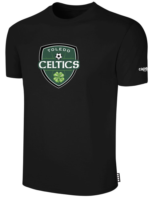 TOLEDO CELTICS SHORT SLEEVE COTTON T-SHIRT CREST ON WEARERS FRONT CENTER CHEST BLACK WHITE