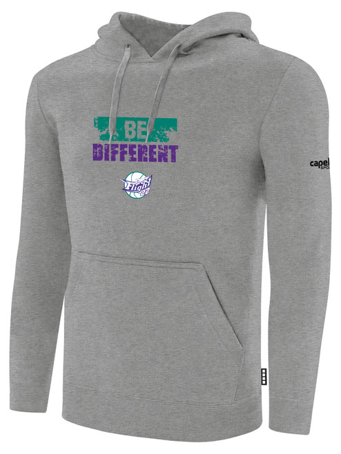 FLIGHT 22 PULLOVER FLEECE HOODIE WEARERS CENTER CHEST BE DIFFERENT LOGO LIGHT HEATHER GREY BLACK