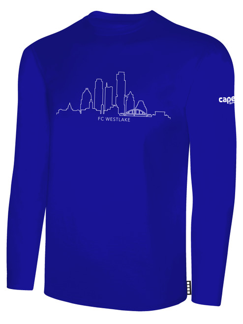 FC WESTLAKE LONG SLEEVE COTTON T-SHIRT LARGE AUSTIN CITY SKYLINE CENTER CHEST ROYAL BLUE WHITE
