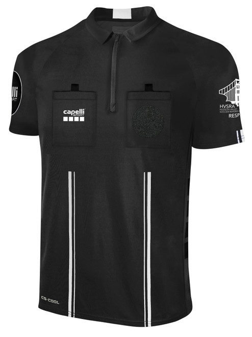 OFFICIAL REFEREE SHORT SLEEVE JERSEY WITH ZIPPER BLACK WHITE w/ RESPECT LOGO -HVSRA