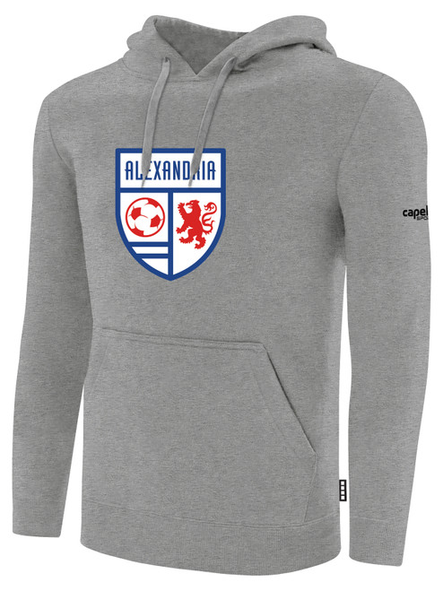 ALEXANDRIA SA   LARGE CREST LOGO BASICS FLEECE HOODIE CENTER FRONT ALEXANDRIA SA   CREST  LIGHT HEATHER GREY BLACK
