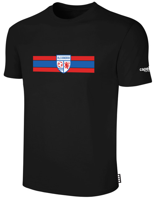ALEXANDRIA SA LARGE CREST  LOGO BASICS SHORT SLEEVE T-SHIRT  CENTER FRONT STRIPE BLACK WHITE