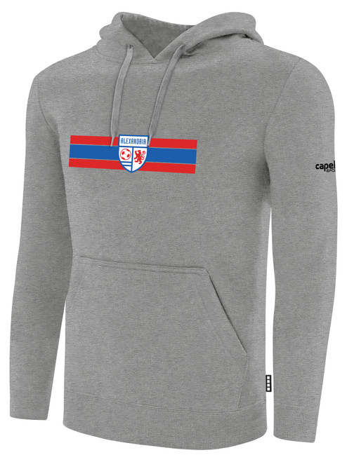 ALEXANDRIA SA  LARGE TEXT  LOGO BASICS  FLEECE HOODIE CENTER FRONT STRIPE LIGHT GREY BLACK