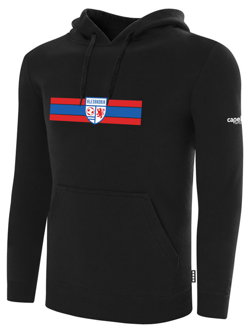 ALEXANDRIA SA  LARGE TEXT LOGO  BASICS FLEECE HOODIE CENTER FRONT STRIPE BLACK WHITE