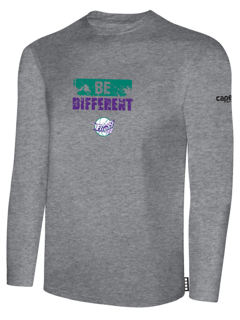 FLIGHT 22 LONG SLEEVE COTTON T-SHIRT WEARERS CENTER CHEST BE DIFFERENT LOGO LIGHT HEATHER GREY BLACK
