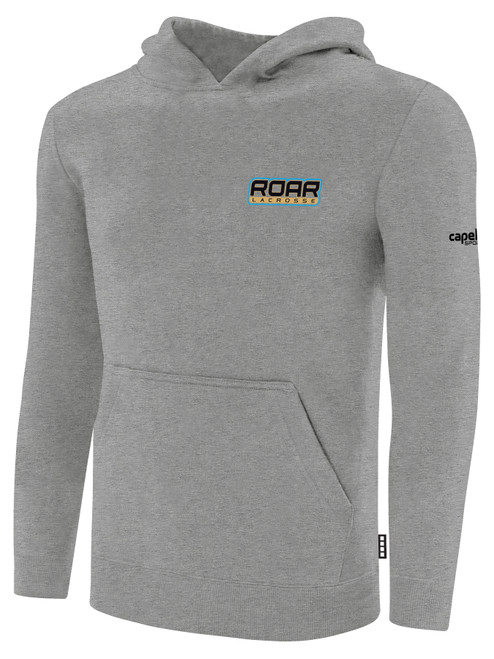 ROAR LACROSSE BASICS FLEECE PULLOVER HOODIE CREST ON WEARER'S LEFT CHEST LIGHT HEATHER GREY BLACK