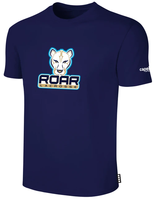 ROAR LACROSSE BASICS COTTON TEE TEAM LOGO ON WEARERS CENTER CHEST NAVY WHITE