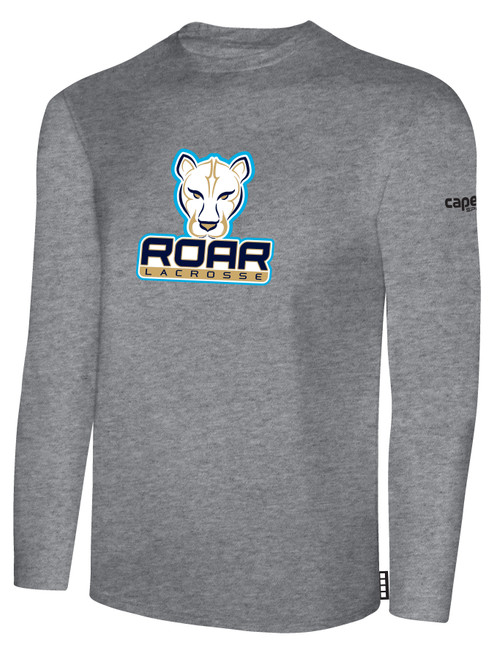 ROAR LACROSSE BASICS LONG SLEEVE COTTON TEE TEAM LOGO ON WEARERS CENTER CHEST LIGHT HEATHER GREY BLACK