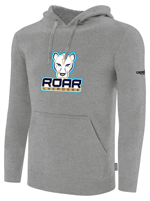 ROAR LACROSSE BASICS FLEECE PULLOVER HOODIE TEAM LOGO ON WEARER'S CENTER  CHEST LIGHT HEATHER GREY BLACK