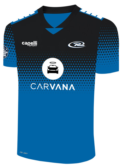 EMERALD COAST UNITED RUSH  BROOKLYN II RUSH SOCCER PYRAMIDS SHORT SLEEVE MATCH JERSEY PROMO BLUE BLACK WHITE