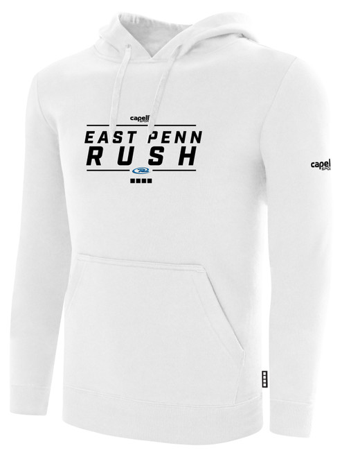 EAST PENN RUSH FLEECE HOODIE CREST ON WEARERS CENTER CHEST WHITE BLACK