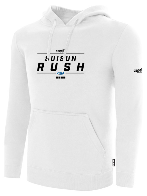 SUISUN RUSH FLEECE HOODIE CREST ON WEARERS CENTER CHEST WHITE BLACK