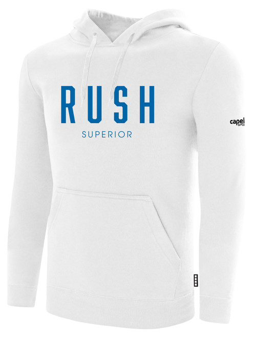 SUPERIOR   RUSH      FLEECE  HOODIE CREST ON WEARERS CENTER CHEST   WHITE BLACK