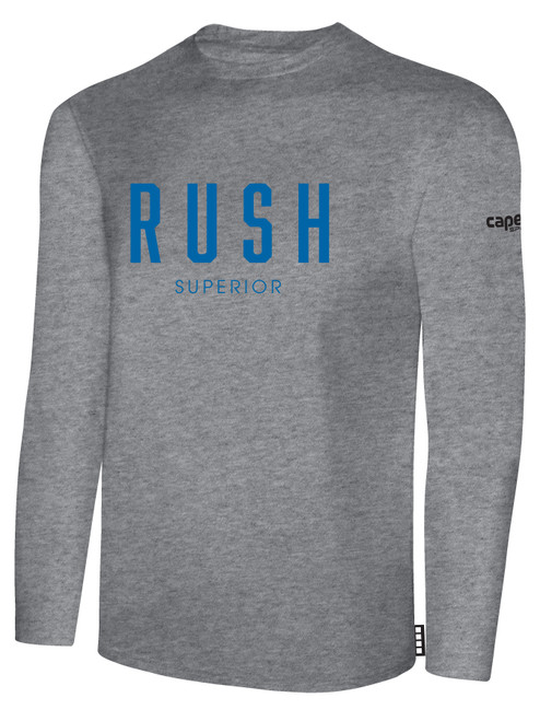SUPERIOR   RUSH  LONG SLEEVE COTTON T-SHIRT CREST ON WEARERS CENTER CHEST LIGHT HEATHER GREY BLACK