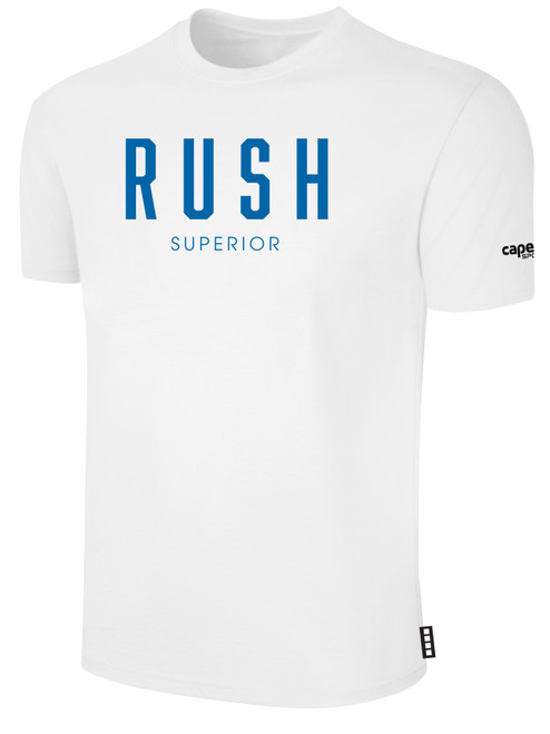 SUPERIOR   RUSH  SHORT SLEEVE COTTON T-SHIRT CREST ON WEARERS CENTER CHEST WHITE BLACK