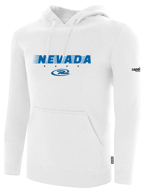 NEVADA RUSH  FLEECE HOODIE CREST ON  WEARERS CENTER CHEST  WHITE BLACK