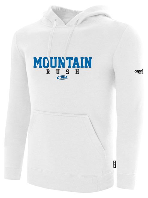 MOUNTAIN RUSH  FLEECE   HOODIE CREST ON WEARERS CENTER CHEST  WHITE BLACK