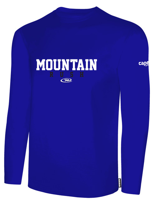 MOUNTAIN RUSH  LONG SLEEVE COTTON T-SHIRT CREST ON WEARERS  CENTER CHEST ROYAL BLUE WHITE