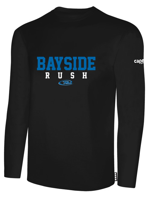 BAYSIDE RUSH LONG SLEEVE COTTON T-SHIRT CREST ON WEARERS CENTER CHEST  BLACK WHITE