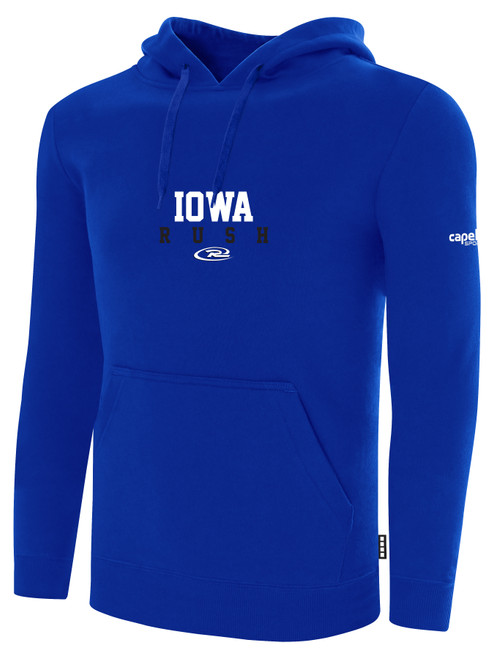 IOWA RUSH FLEECE HOODIE CREST ON WEARERS  CENTER CHEST ROYAL BLUE WHITE