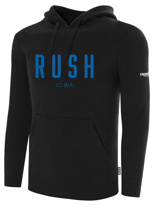 IOWA RUSH NORTH FLEECE HOODIE CREST ON WEARERS   CENTER CHEST BLACK WHITE